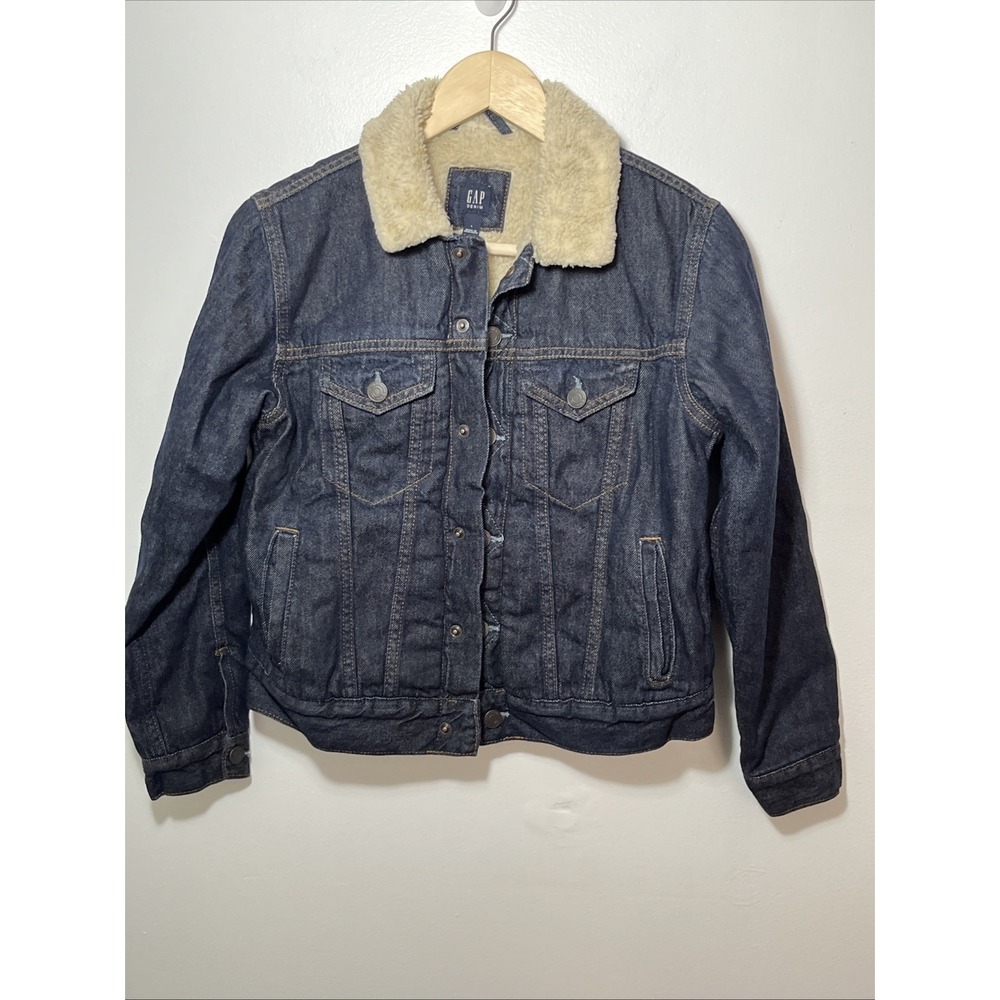 Gap Kids Sherpa Lined Collared Dark Wash Western Stitch Denim Jean Jacket‎ Large
